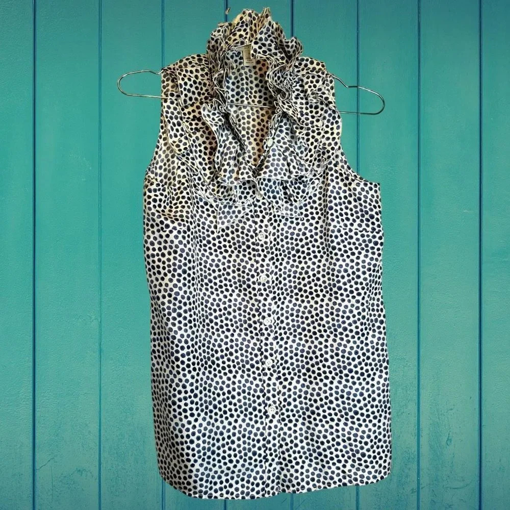 J. Crew Silk Ruffle Collar Polka Dot Sleeveless Button Up Blouse size 0